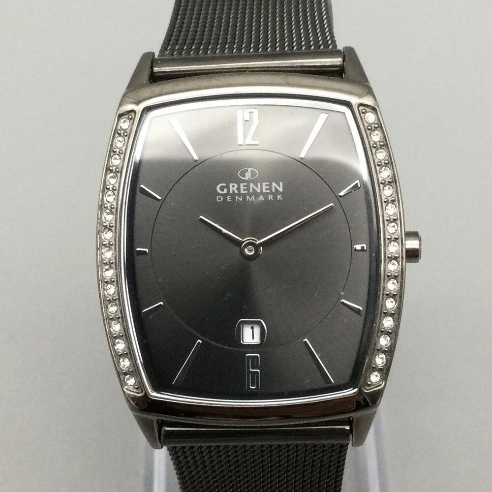 Grenen Denmark Womens Watch 28mm Gray Mesh Steel Crystal Bezel Date New Battery